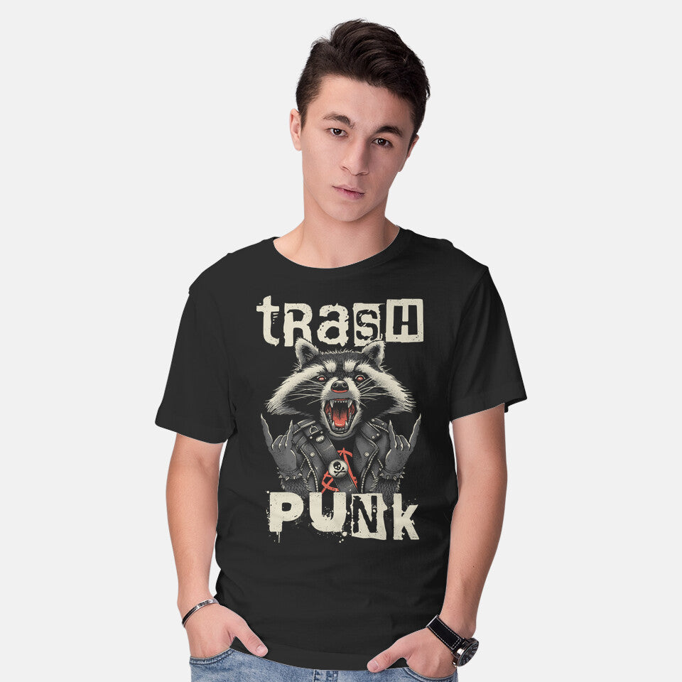 Model wearing black Trasher Punk – Music Graphic T-Shirt
