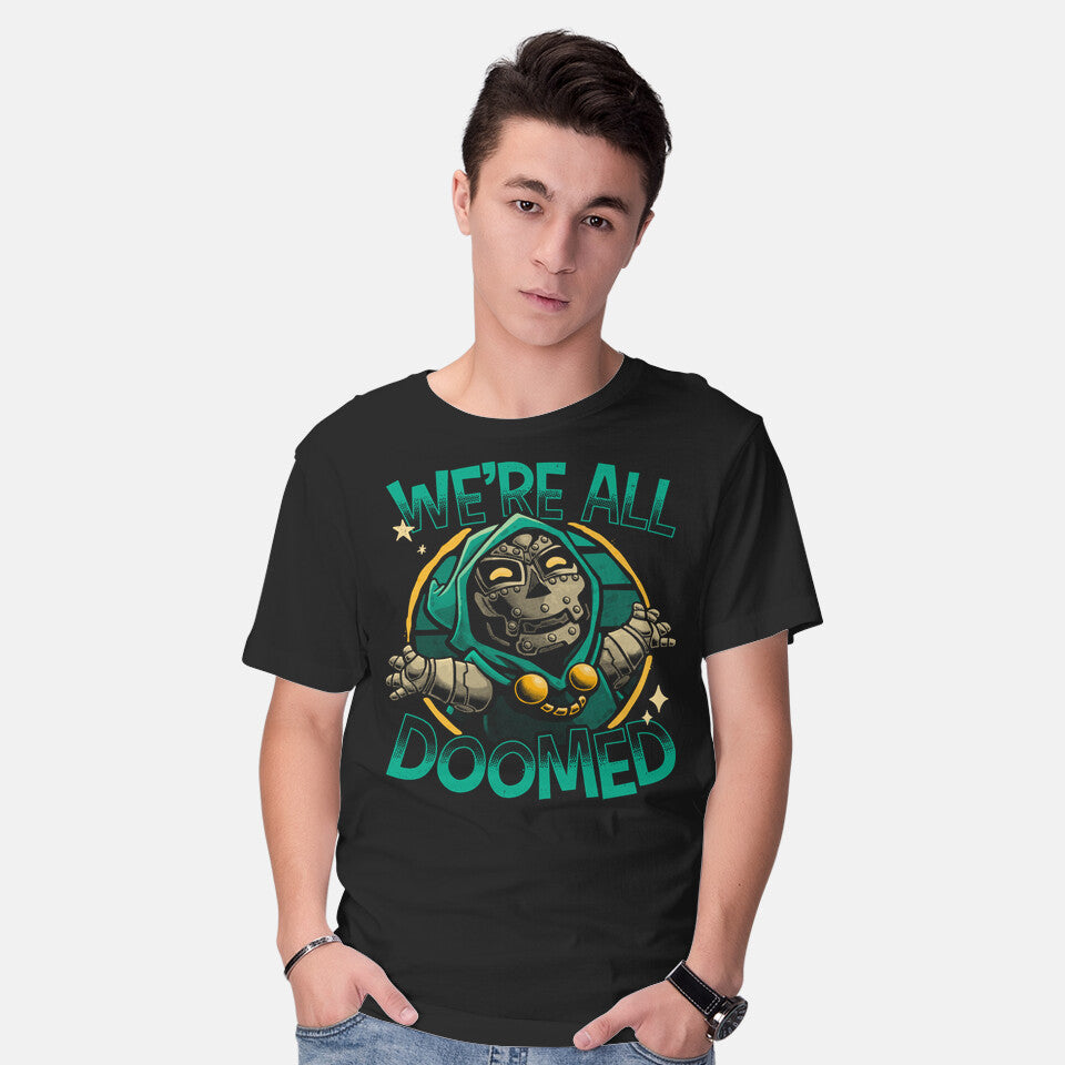Model wearing black All Doomed – Fantasy Graphic T-Shirt
