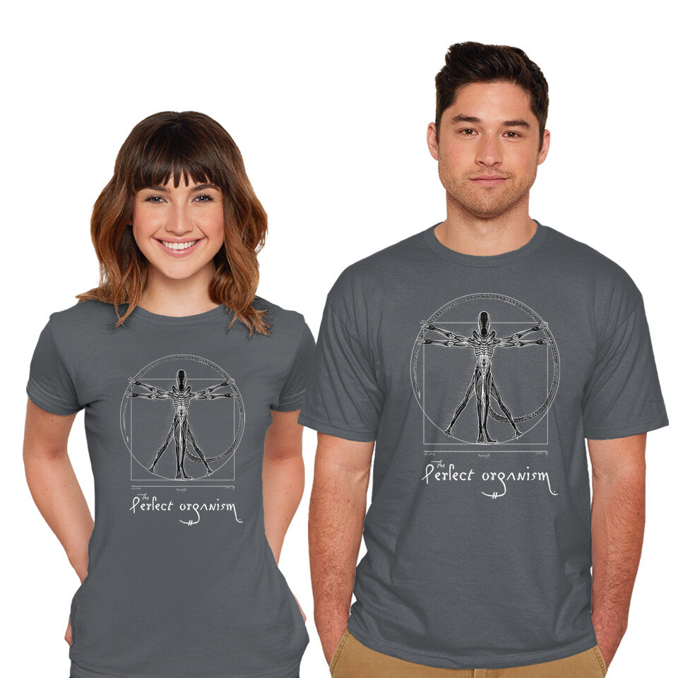 Model wearing charcoal Perfect Organism – Sci-Fi Graphic T-Shirt