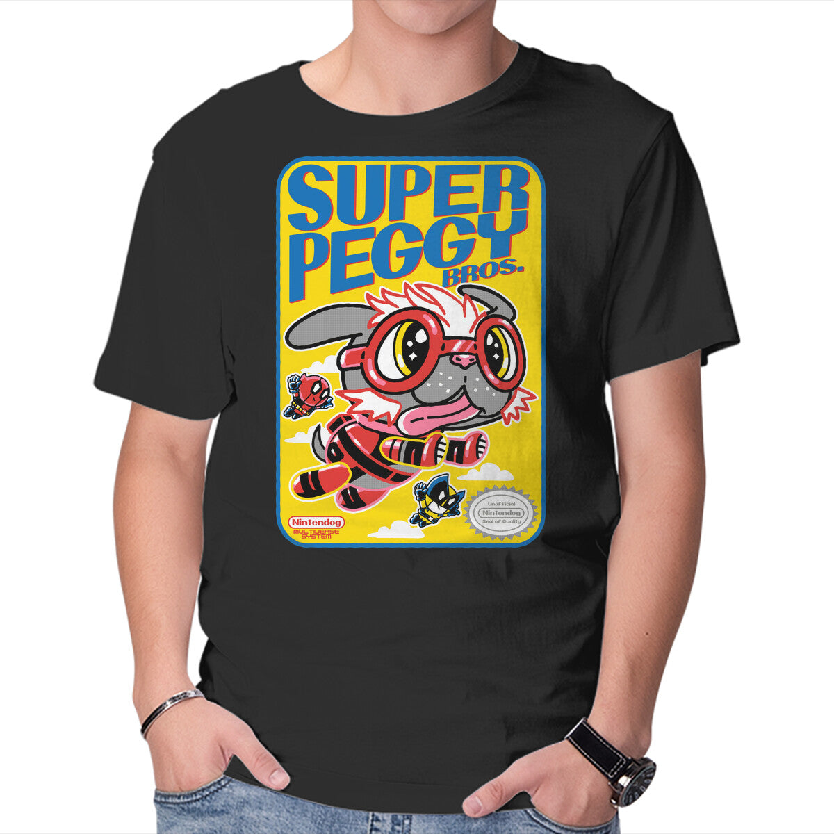 Super Peggy Bros – Dog Graphic T-Shirt in black, product display