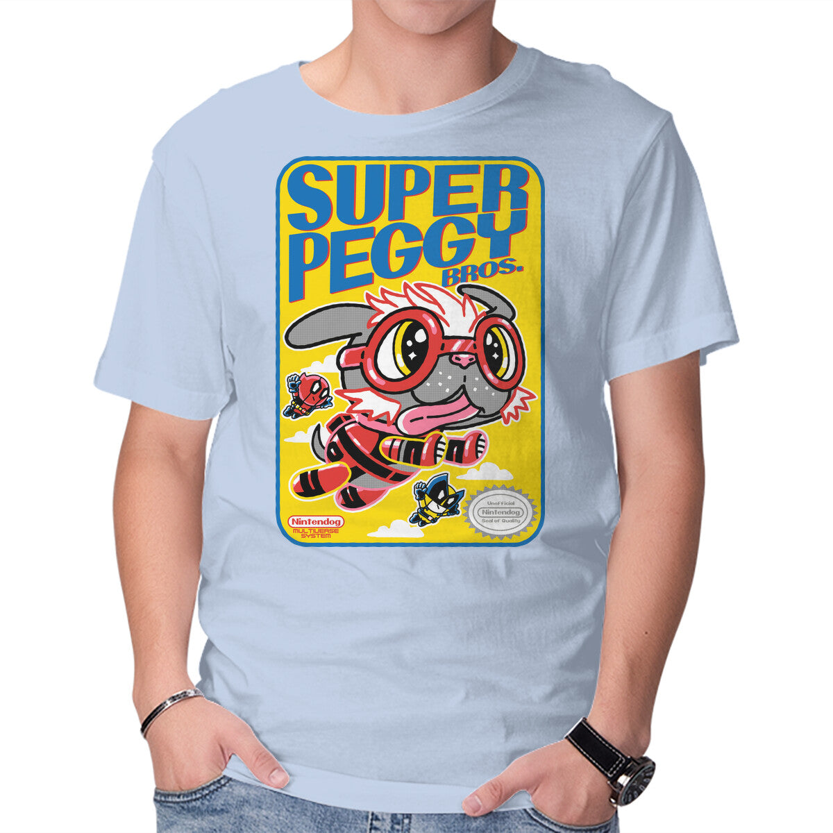Super Peggy Bros – Dog Graphic T-Shirt in blue, product display
