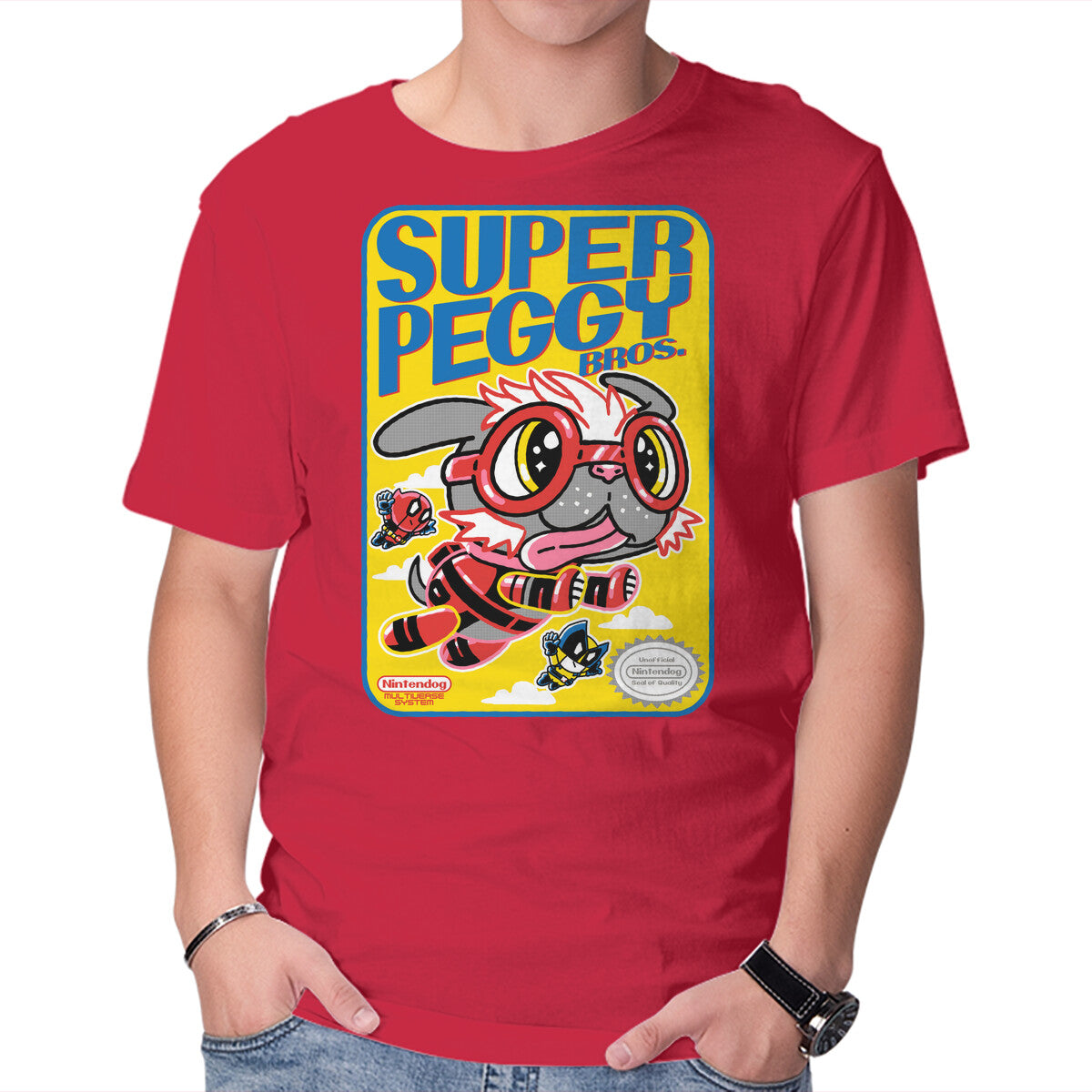 Super Peggy Bros – Dog Graphic T-Shirt in red, product display