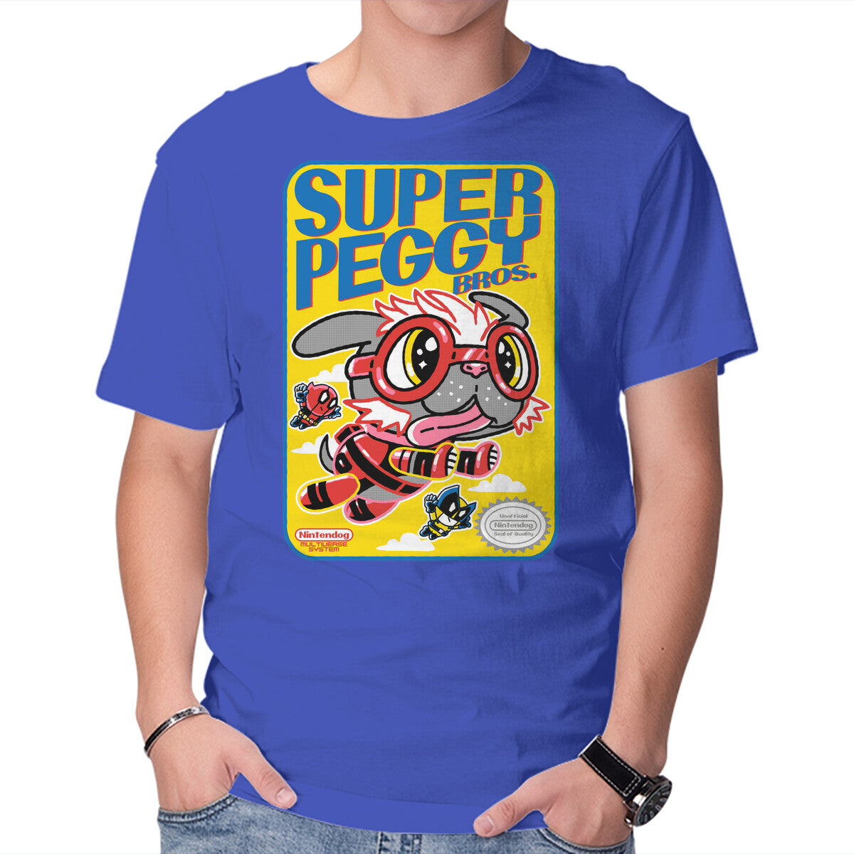 Super Peggy Bros – Dog Graphic T-Shirt in royal blue, product display