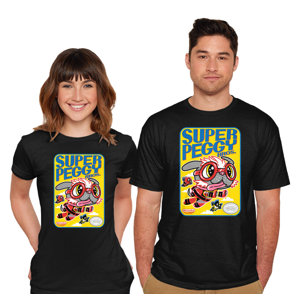 Model wearing black Super Peggy Bros – Dog Graphic T-Shirt