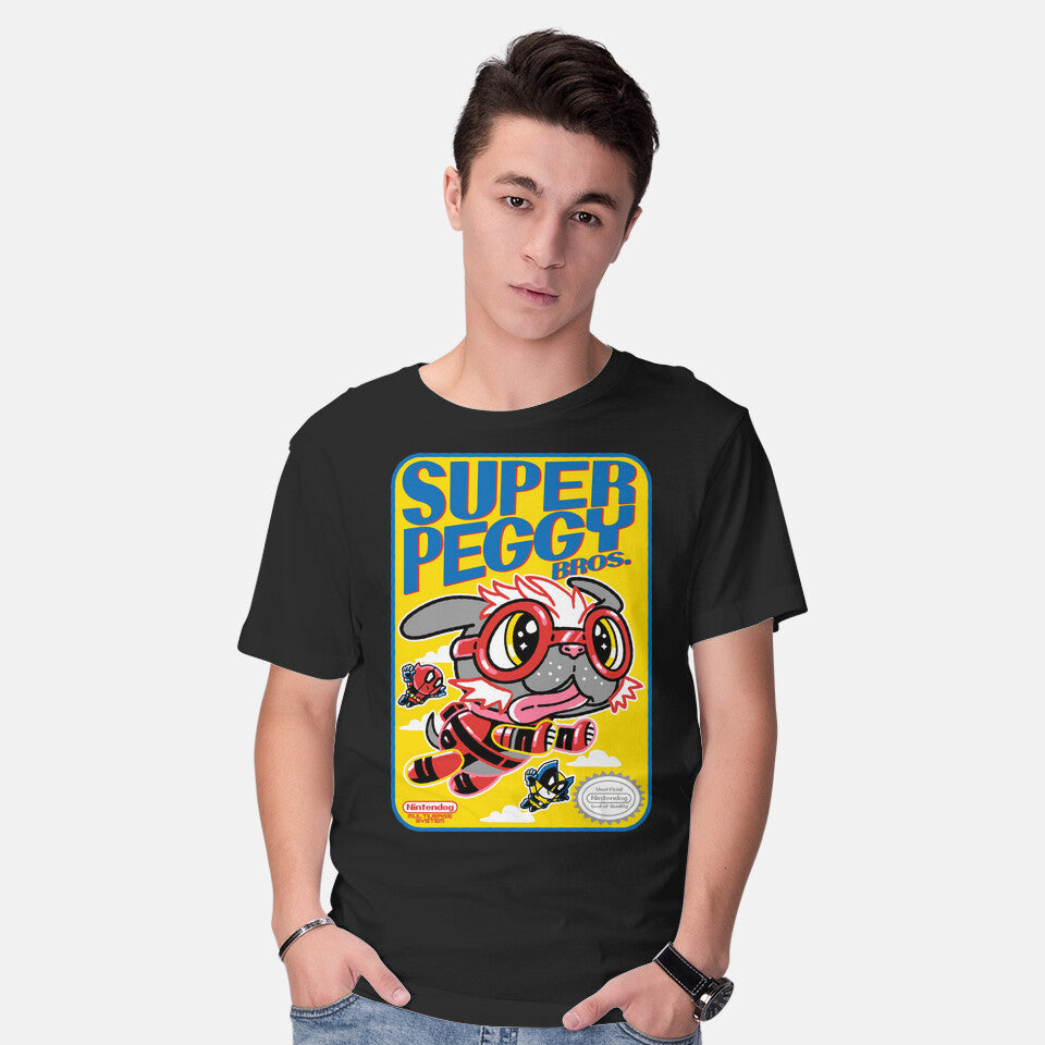 Model wearing black Super Peggy Bros – Dog Graphic T-Shirt