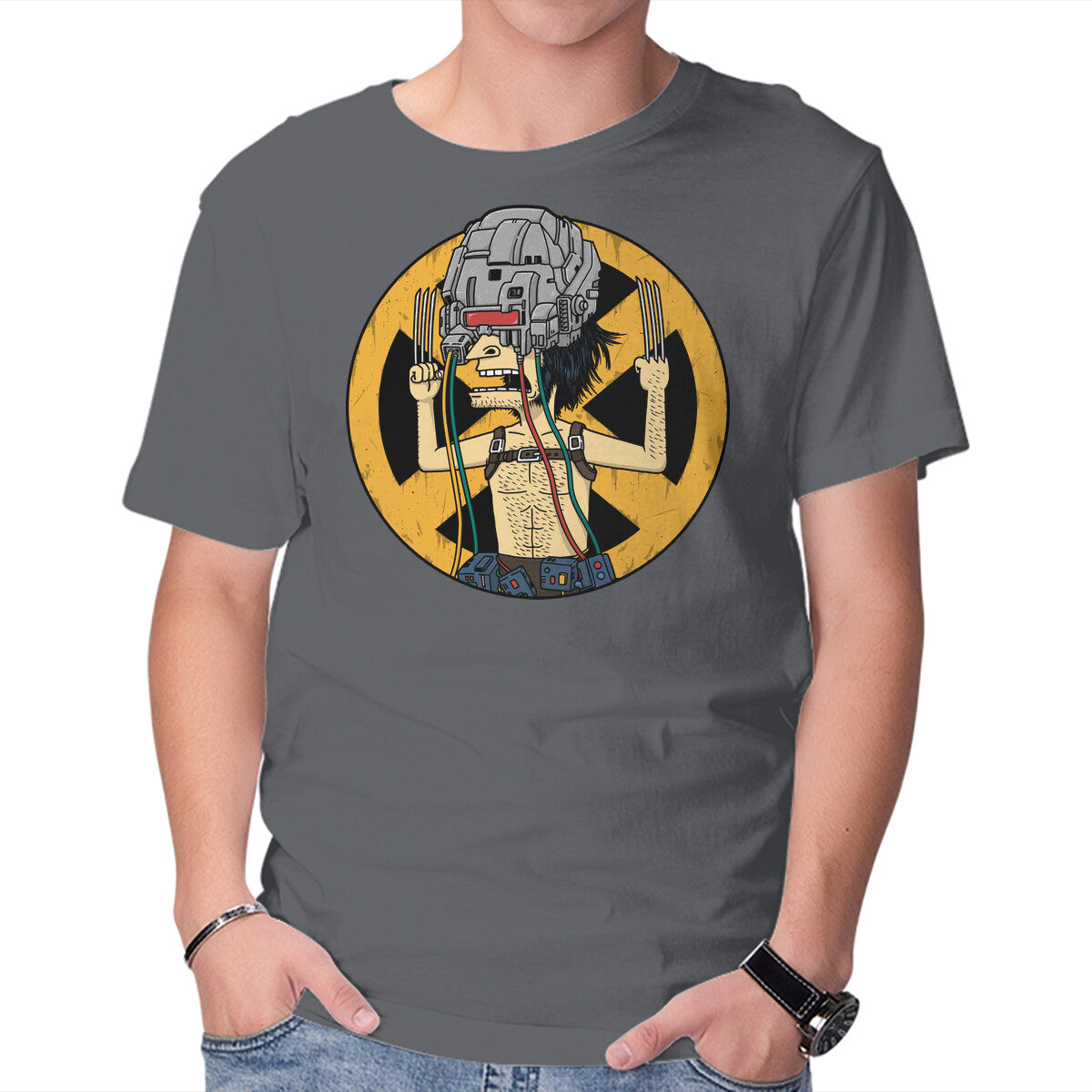 Weaponholio-X – Funny Graphic T-Shirt in charcoal, product display