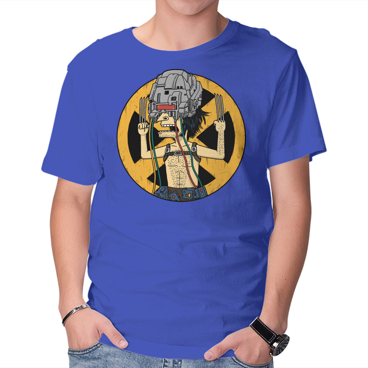 Weaponholio-X – Funny Graphic T-Shirt in royal blue, product display