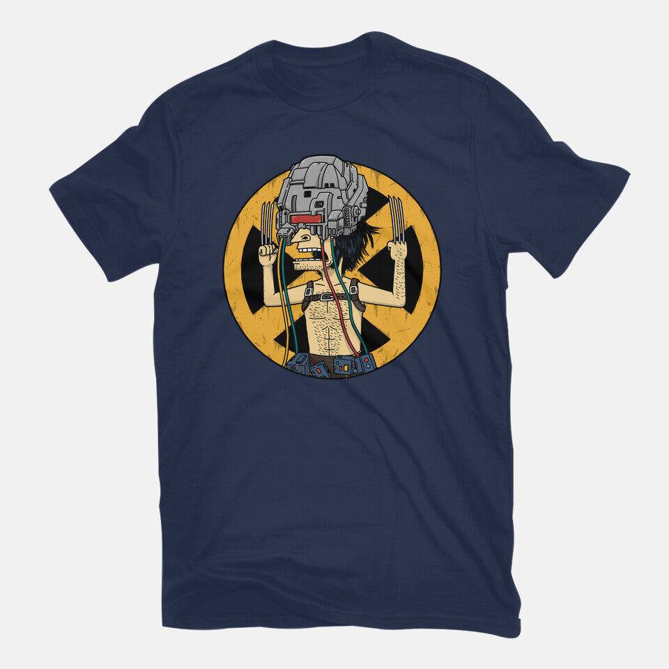 Weaponholio-X – Funny Graphic T-Shirt in navy, flat-lay product view
