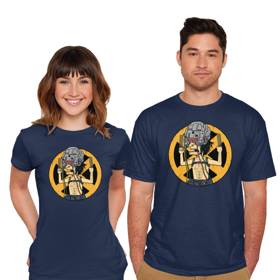 Model wearing navy Weaponholio-X – Funny Graphic T-Shirt