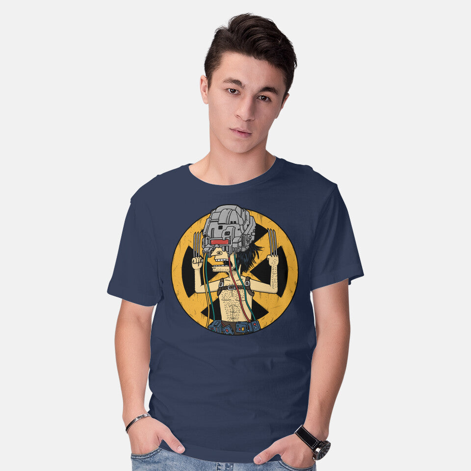 Model wearing navy Weaponholio-X – Funny Graphic T-Shirt