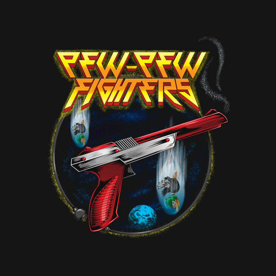 Pew-Pew Fighters – Gaming Graphic T-Shirt design artwork for black graphic T-shirt