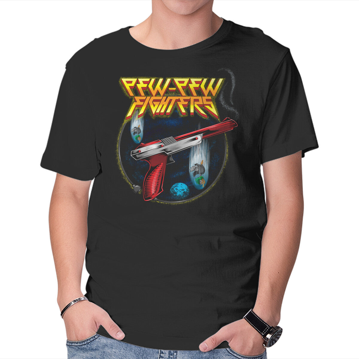 Pew-Pew Fighters – Gaming Graphic T-Shirt in black, product display