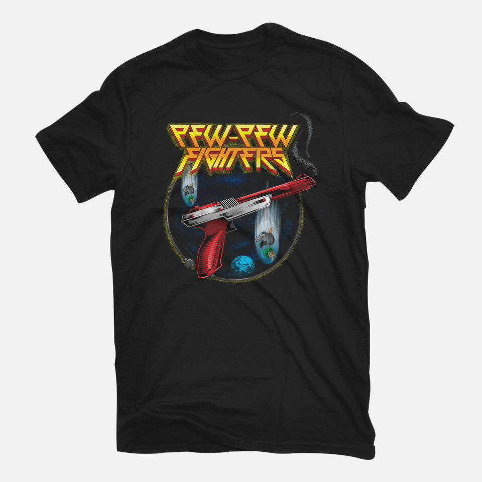 Pew-Pew Fighters – Gaming Graphic T-Shirt in black, flat-lay product view