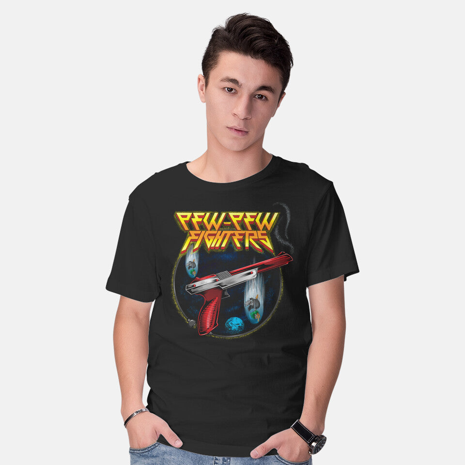 Model wearing black Pew-Pew Fighters – Gaming Graphic T-Shirt
