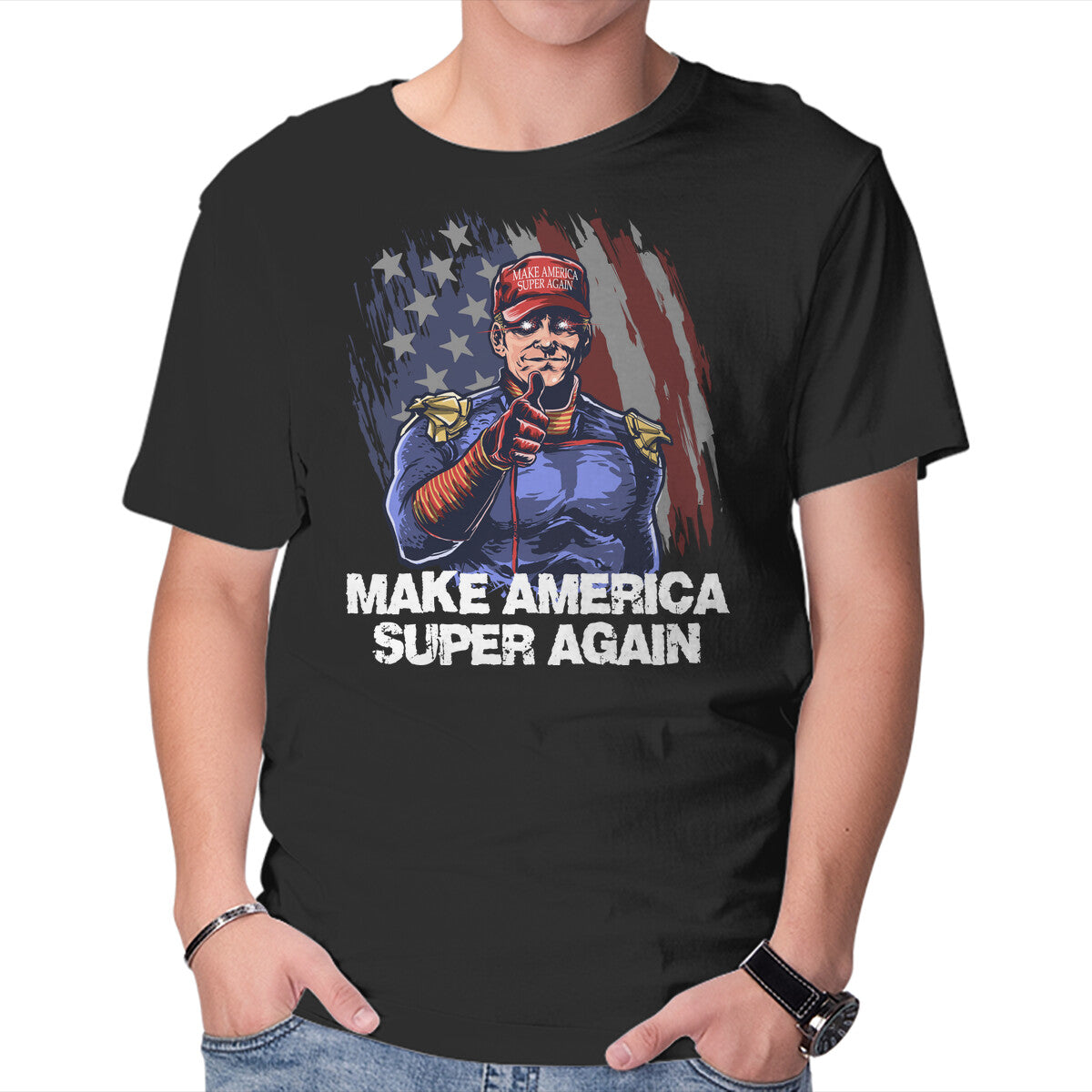 Make America Super Again Graphic T-Shirt in black, product display