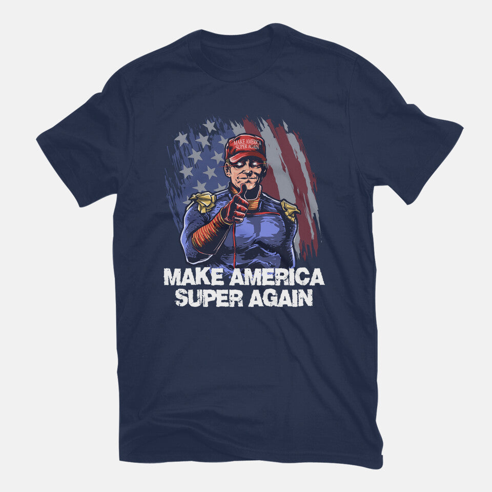 Make America Super Again Graphic T-Shirt in navy, flat-lay product view