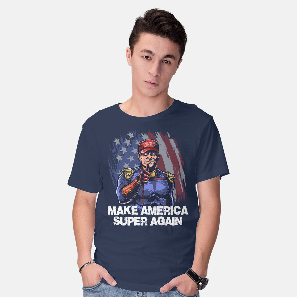Model wearing navy Make America Super Again Graphic T-Shirt