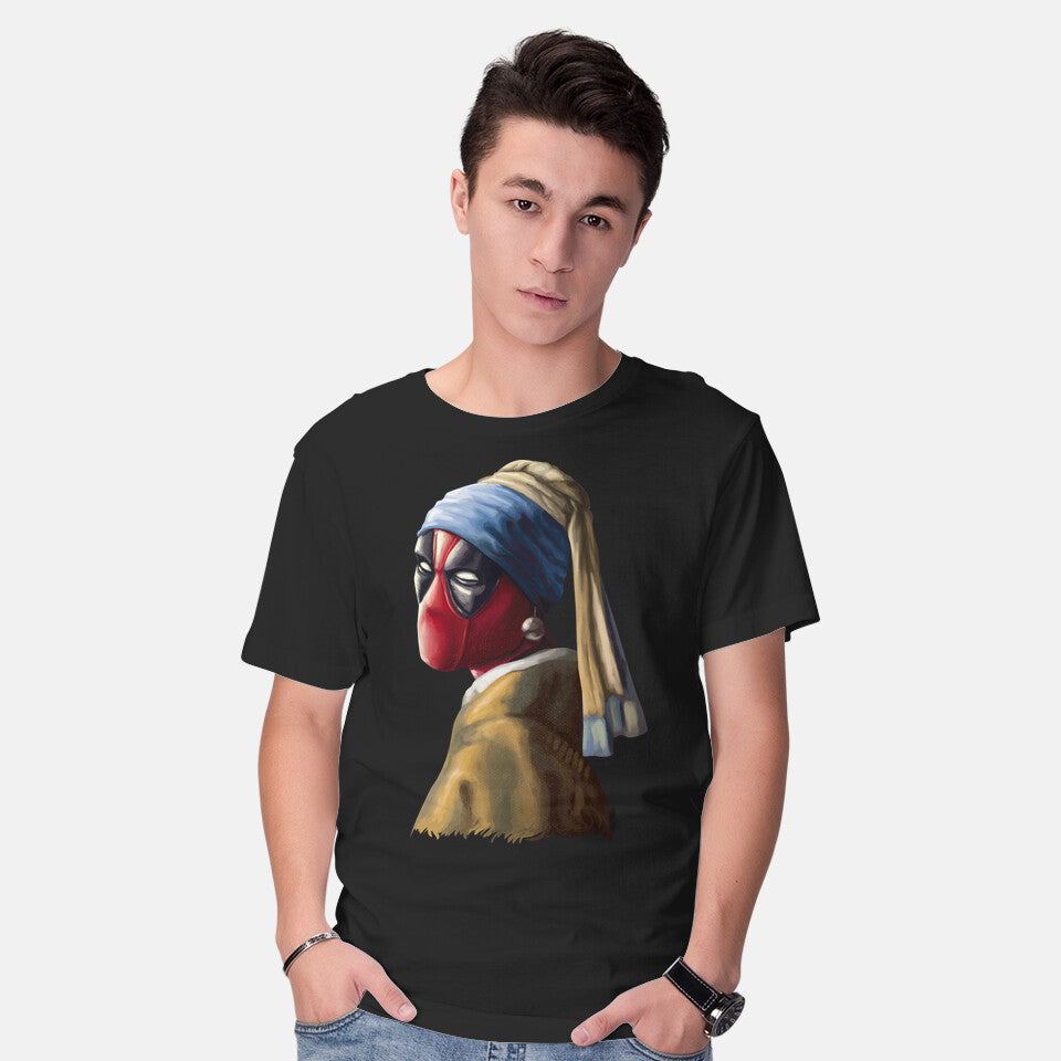 Model wearing black Hero With A Pearl Earring – Movie Graphic T-Shirt