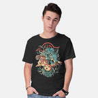 Model wearing black Digital Wolf Evolution – Anime Graphic T-Shirt