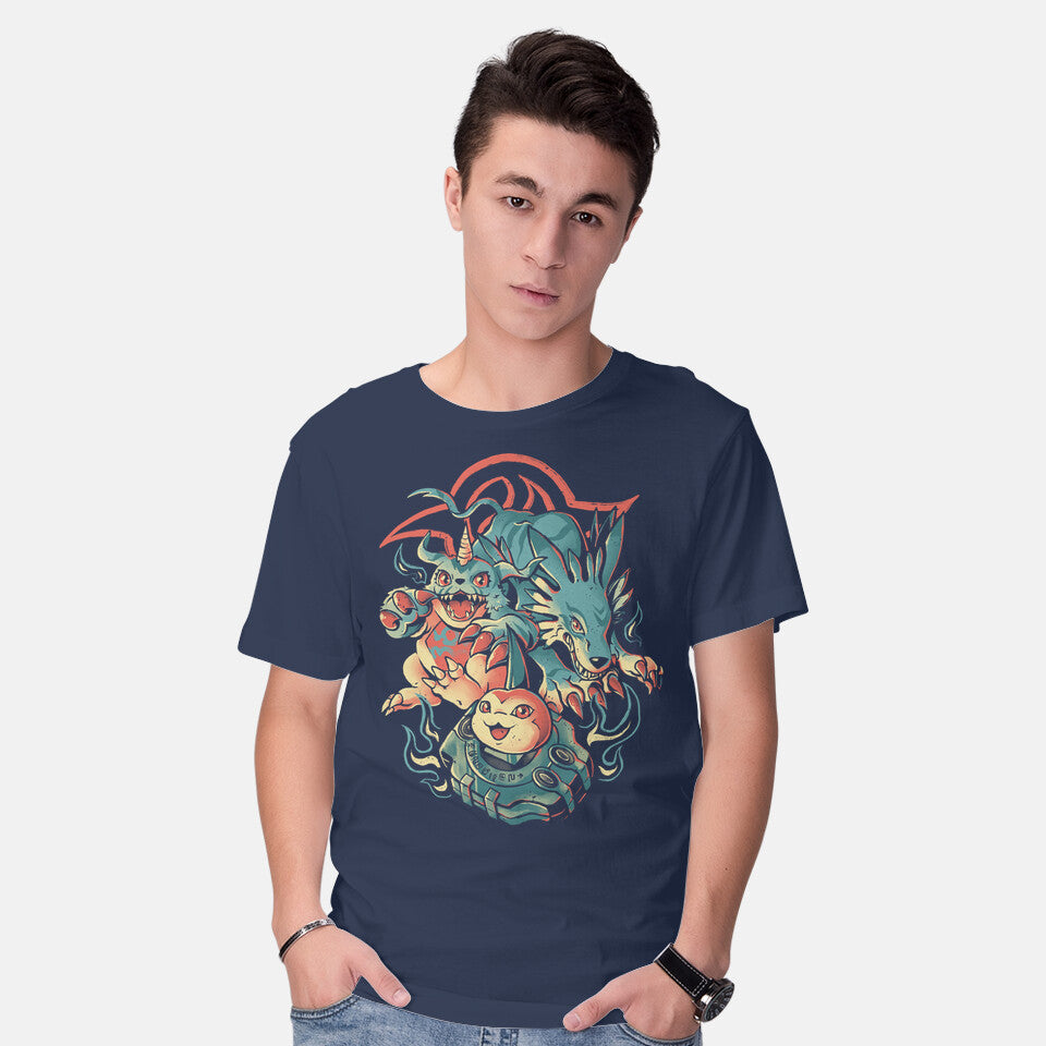 Model wearing navy Digital Wolf Evolution – Anime Graphic T-Shirt