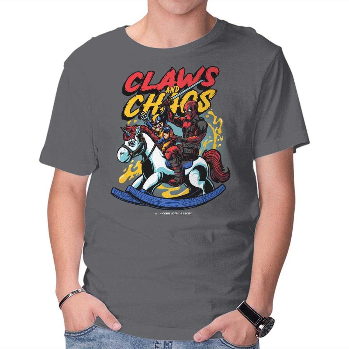 Unicorn Shenigans – Movie Graphic T-Shirt in charcoal, product display