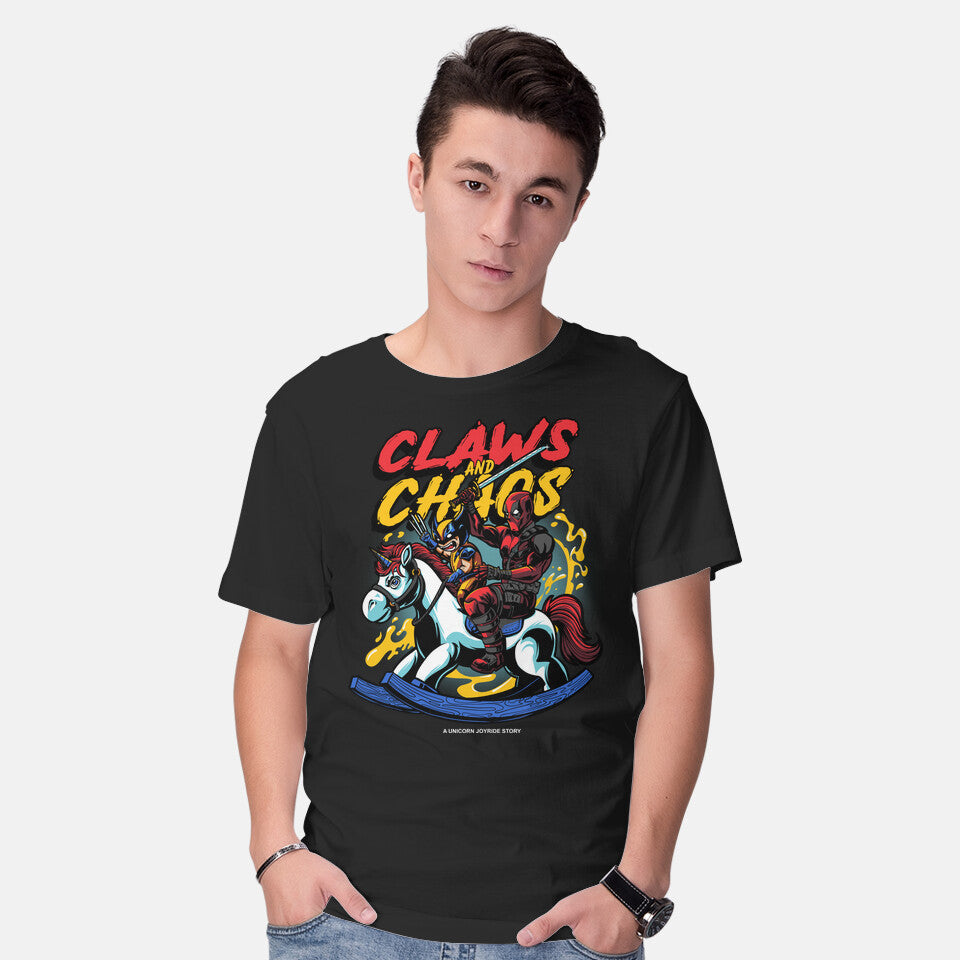 Model wearing black Unicorn Shenigans – Movie Graphic T-Shirt