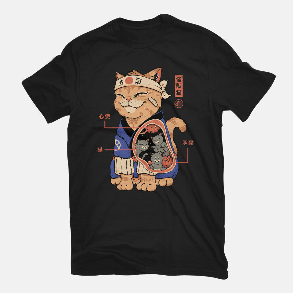 X-Ray Kaiju Cat – Cat Graphic T-Shirt in black, flat-lay product view