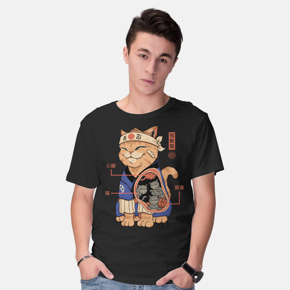 Model wearing black X-Ray Kaiju Cat – Cat Graphic T-Shirt