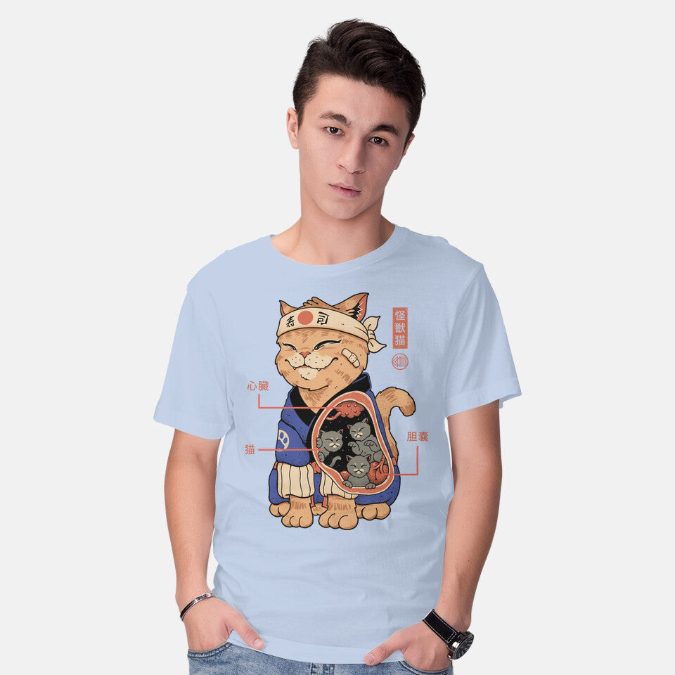 Model wearing blue X-Ray Kaiju Cat – Cat Graphic T-Shirt