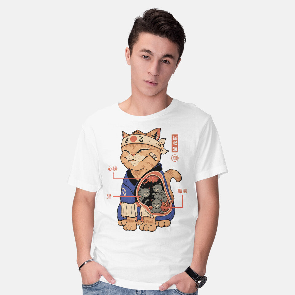 Model wearing white X-Ray Kaiju Cat – Cat Graphic T-Shirt