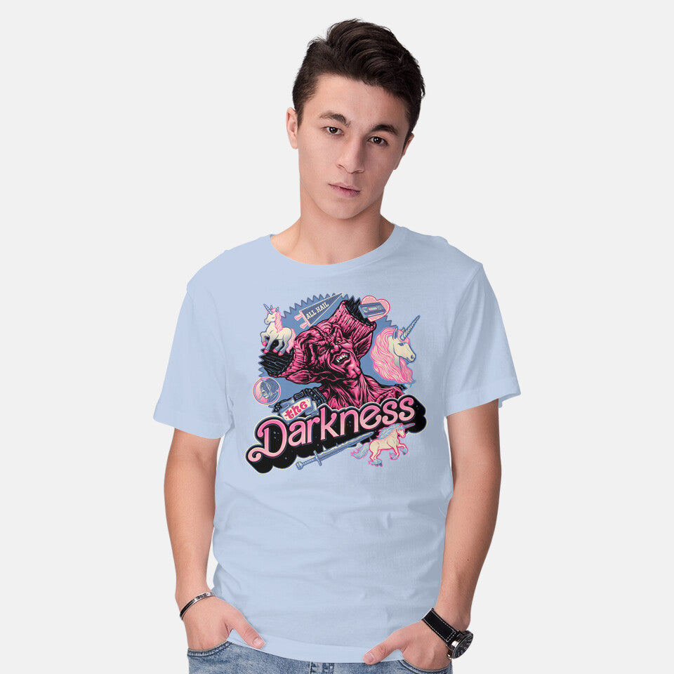 Model wearing blue All Hail The Darkness – Fantasy Graphic T-Shirt
