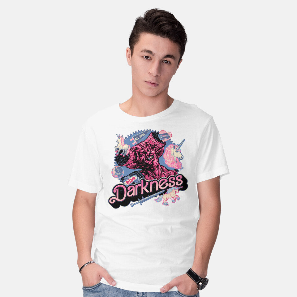 Model wearing white All Hail The Darkness – Fantasy Graphic T-Shirt
