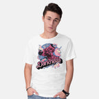 Model wearing white All Hail The Darkness – Fantasy Graphic T-Shirt