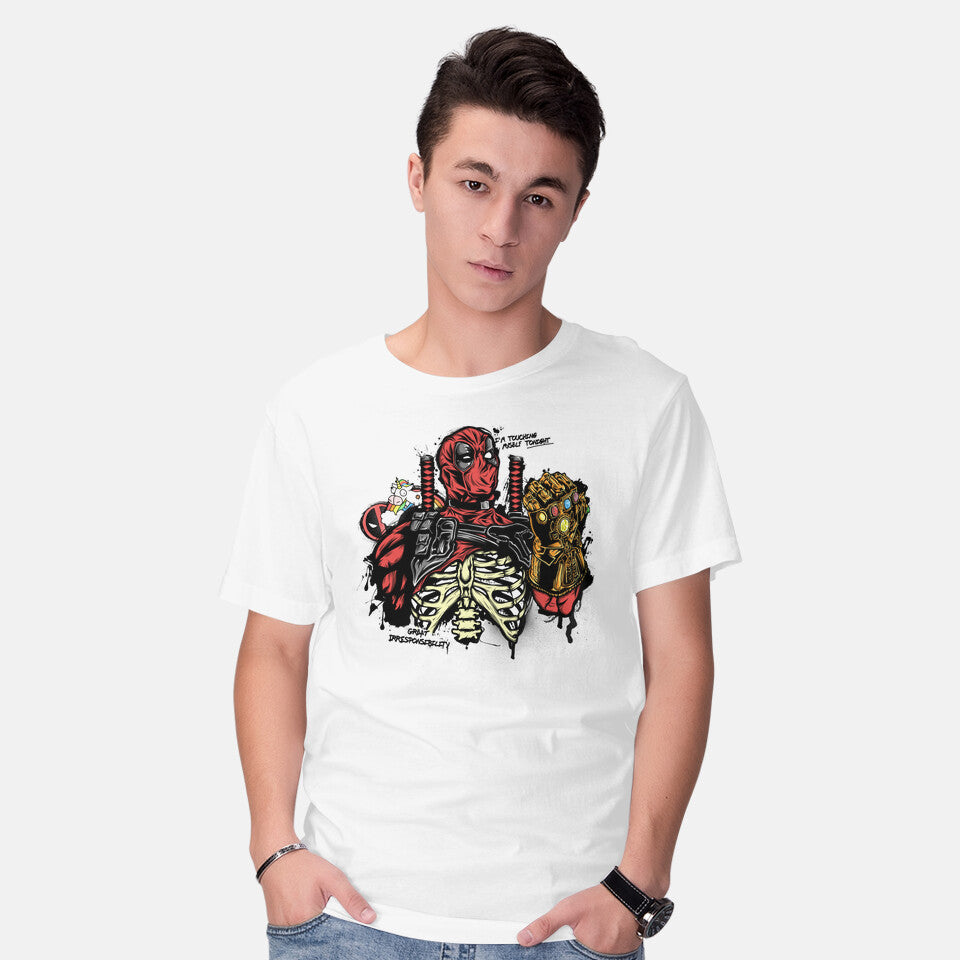 Model wearing white Great Irresponsibility – Movie Graphic T-Shirt