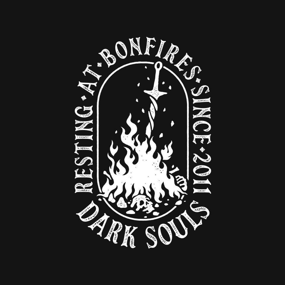 Resting At Bonfires – Gaming Graphic T-Shirt design artwork for black graphic T-shirt