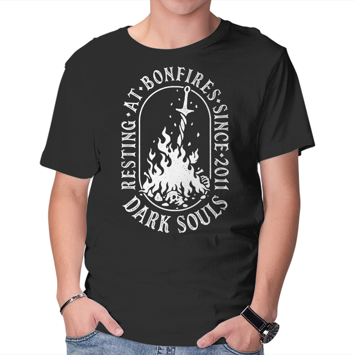 Resting At Bonfires – Gaming Graphic T-Shirt in black, product display
