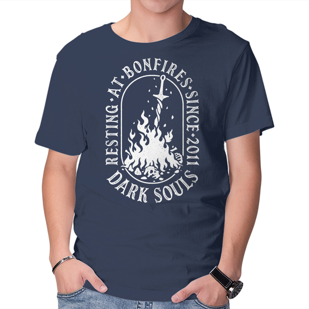 Resting At Bonfires – Gaming Graphic T-Shirt in navy, product display