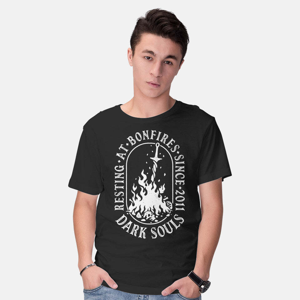 Model wearing black Resting At Bonfires – Gaming Graphic T-Shirt