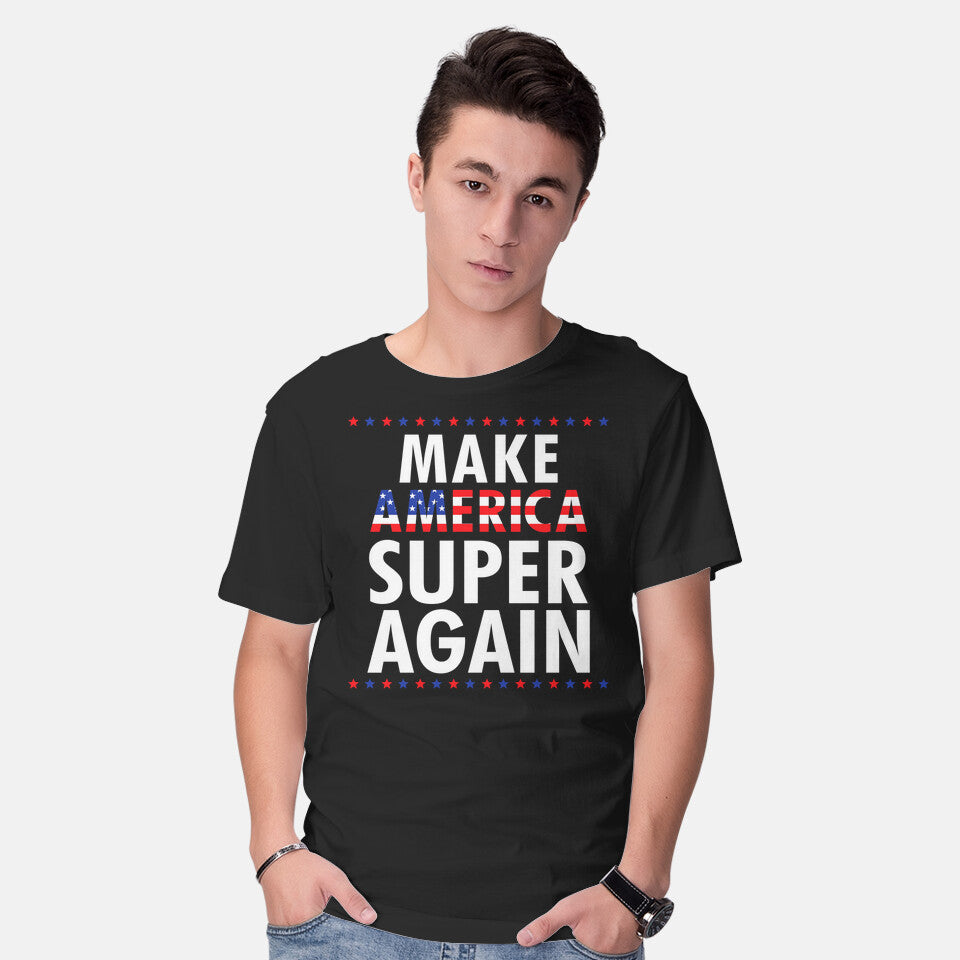 Model wearing black Super Again Graphic T-Shirt