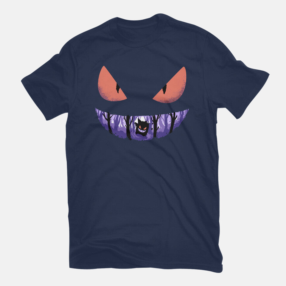 Ghost Smile – Anime Graphic T-Shirt in navy, flat-lay product view