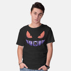 Model wearing black Ghost Smile – Anime Graphic T-Shirt