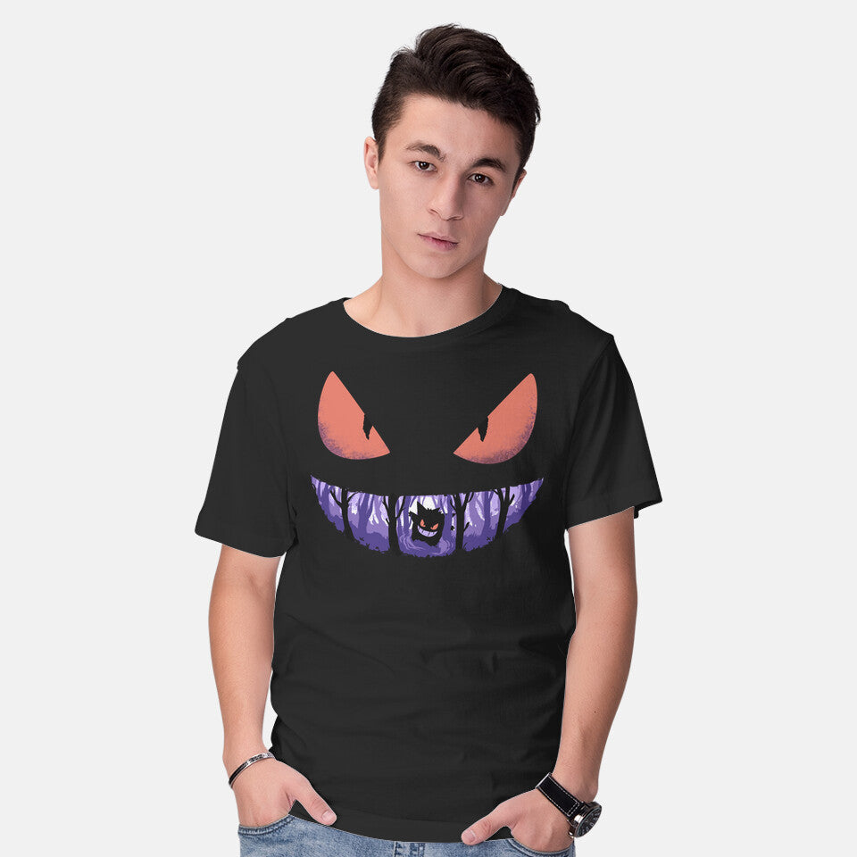 Model wearing black Ghost Smile – Anime Graphic T-Shirt