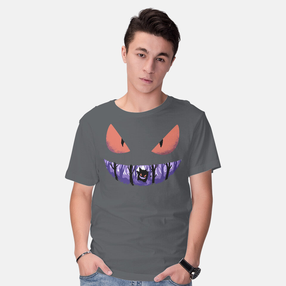 Model wearing charcoal Ghost Smile – Anime Graphic T-Shirt