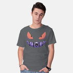 Model wearing charcoal Ghost Smile – Anime Graphic T-Shirt
