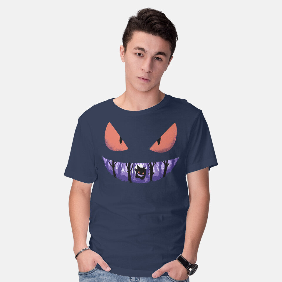 Model wearing navy Ghost Smile – Anime Graphic T-Shirt
