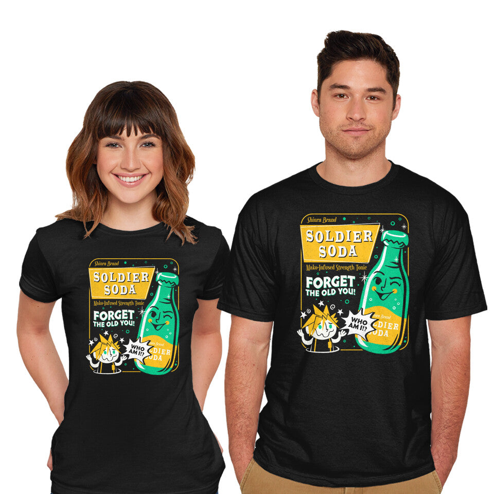 Model wearing black Soldier Soda – Gaming Graphic T-Shirt