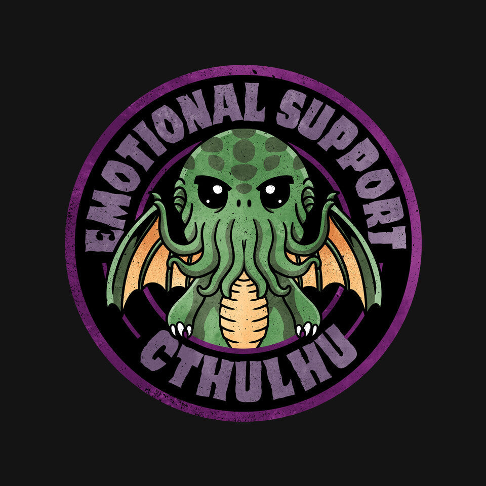 Emotional Support Cthulhu – Horror Graphic T-Shirt design artwork for black graphic T-shirt