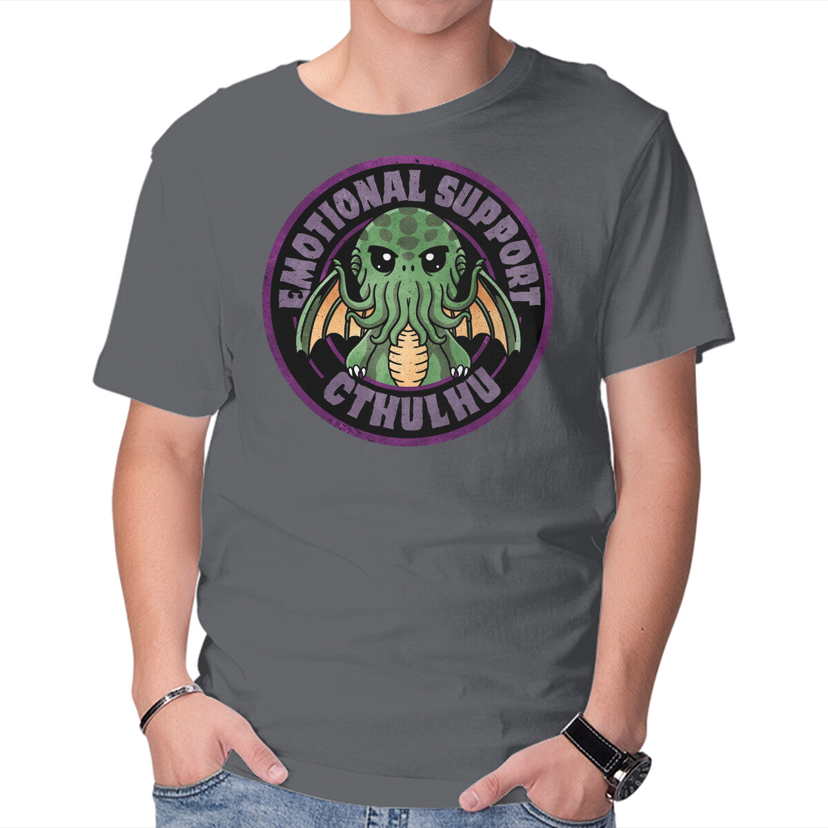 Emotional Support Cthulhu – Horror Graphic T-Shirt in charcoal, product display