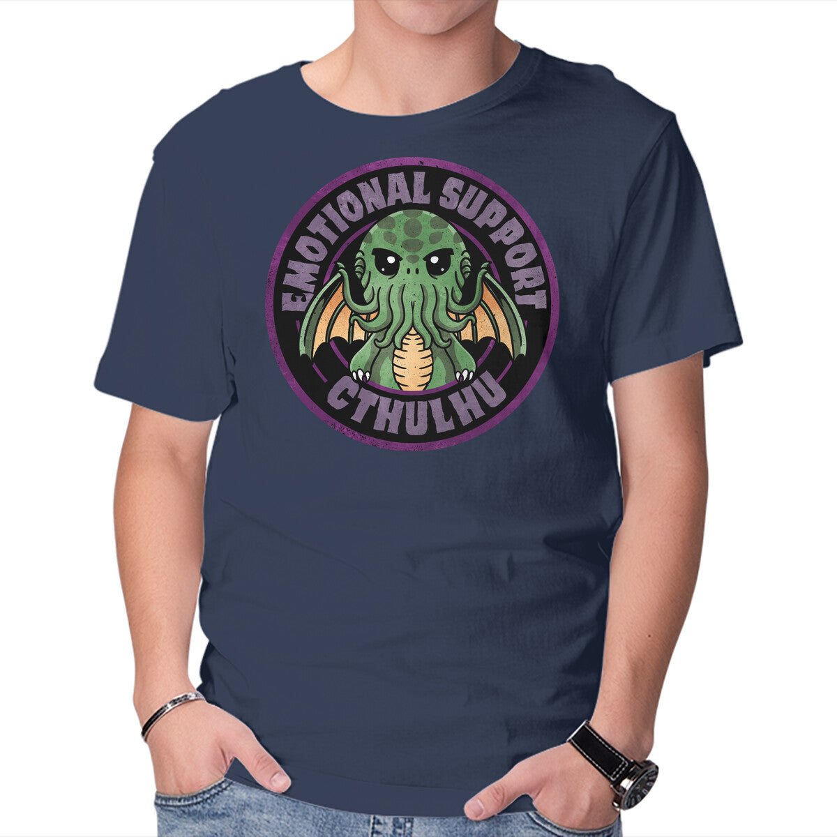 Emotional Support Cthulhu – Horror Graphic T-Shirt in navy, product display