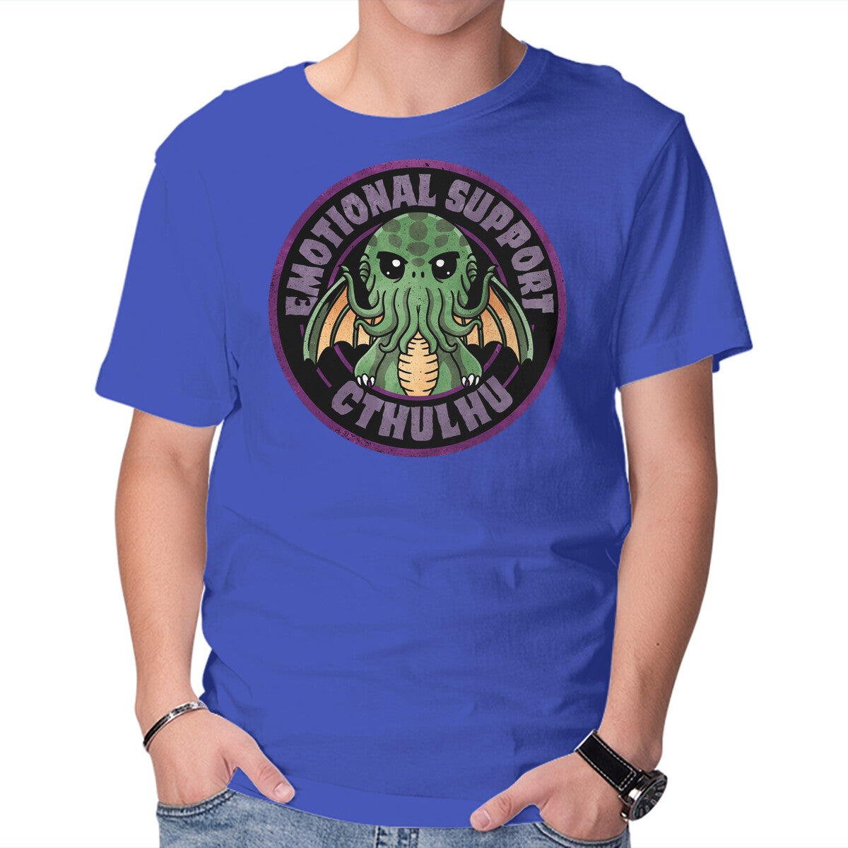 Emotional Support Cthulhu – Horror Graphic T-Shirt in royal blue, product display